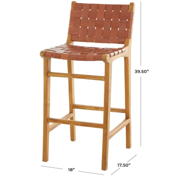 39 in. Brown Teak Wood Woven Leather Seat and Back Bar Stool with Beam Footrest