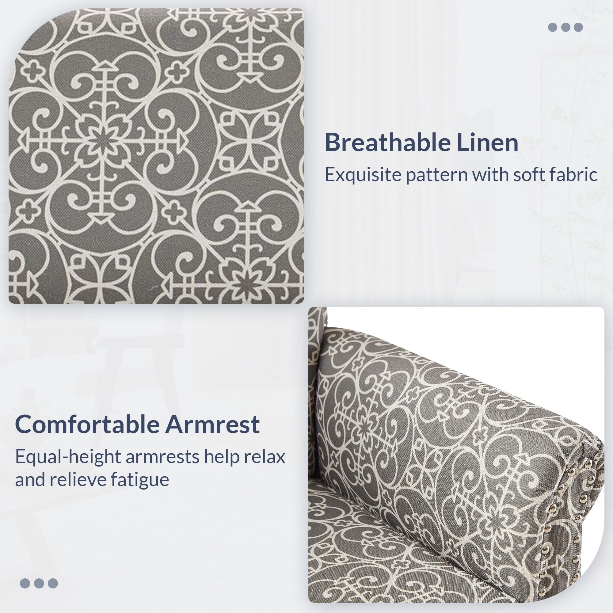 BELLEZE Rosette Scroll Arm Fabric Upholstered Club Chair Nailhead Trim Accent Chair, Gray