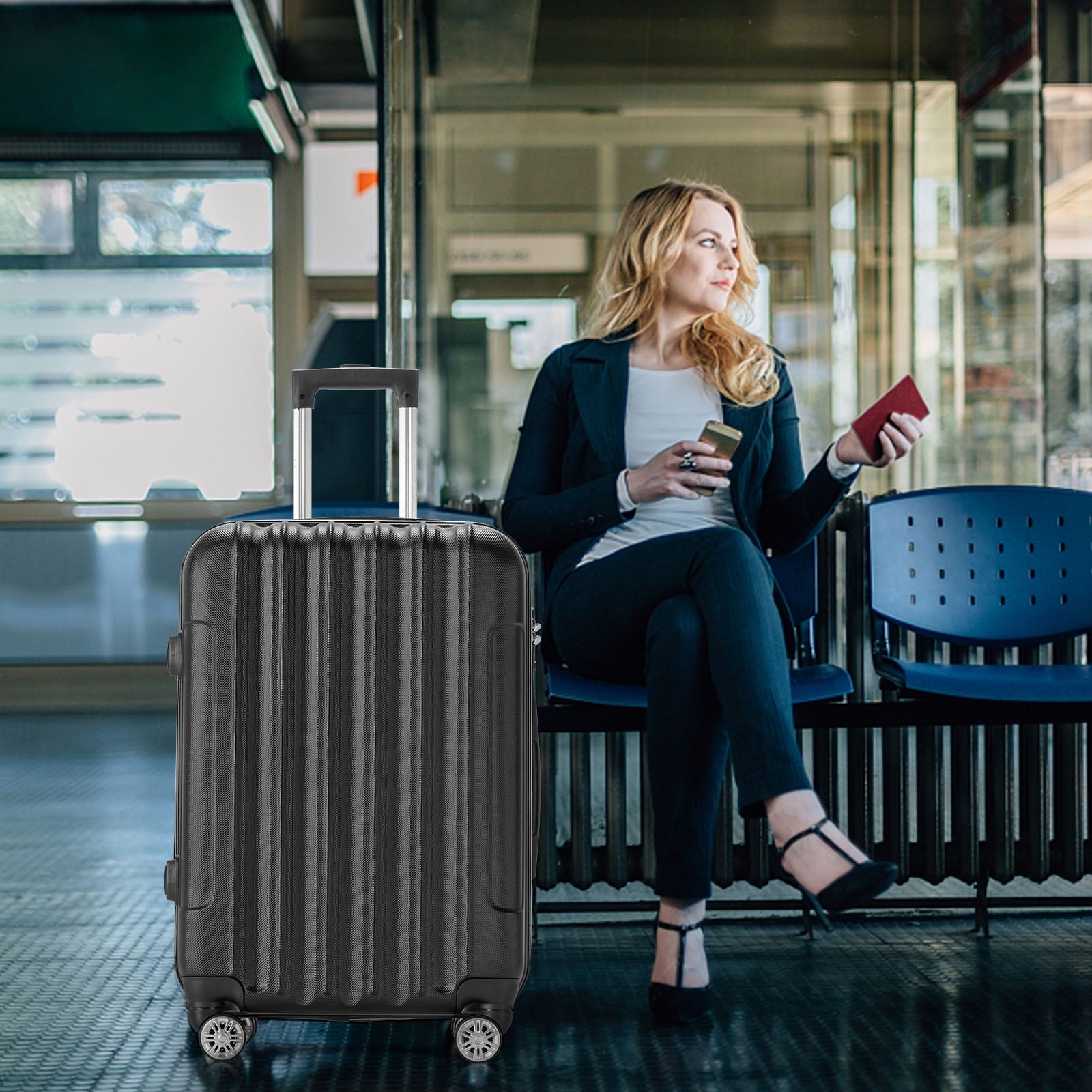 Zimtown 4 Piece Luggage Set, ABS Hard Shell Suitcase Luggage Sets Double Wheels with TSA Lock, Black