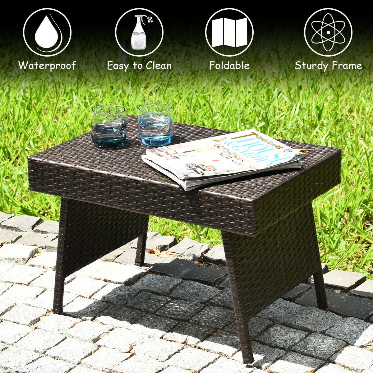 Costway Patio Folding Wicker Side Coffee Table Poolside Garden Lawn Bistro Furniture