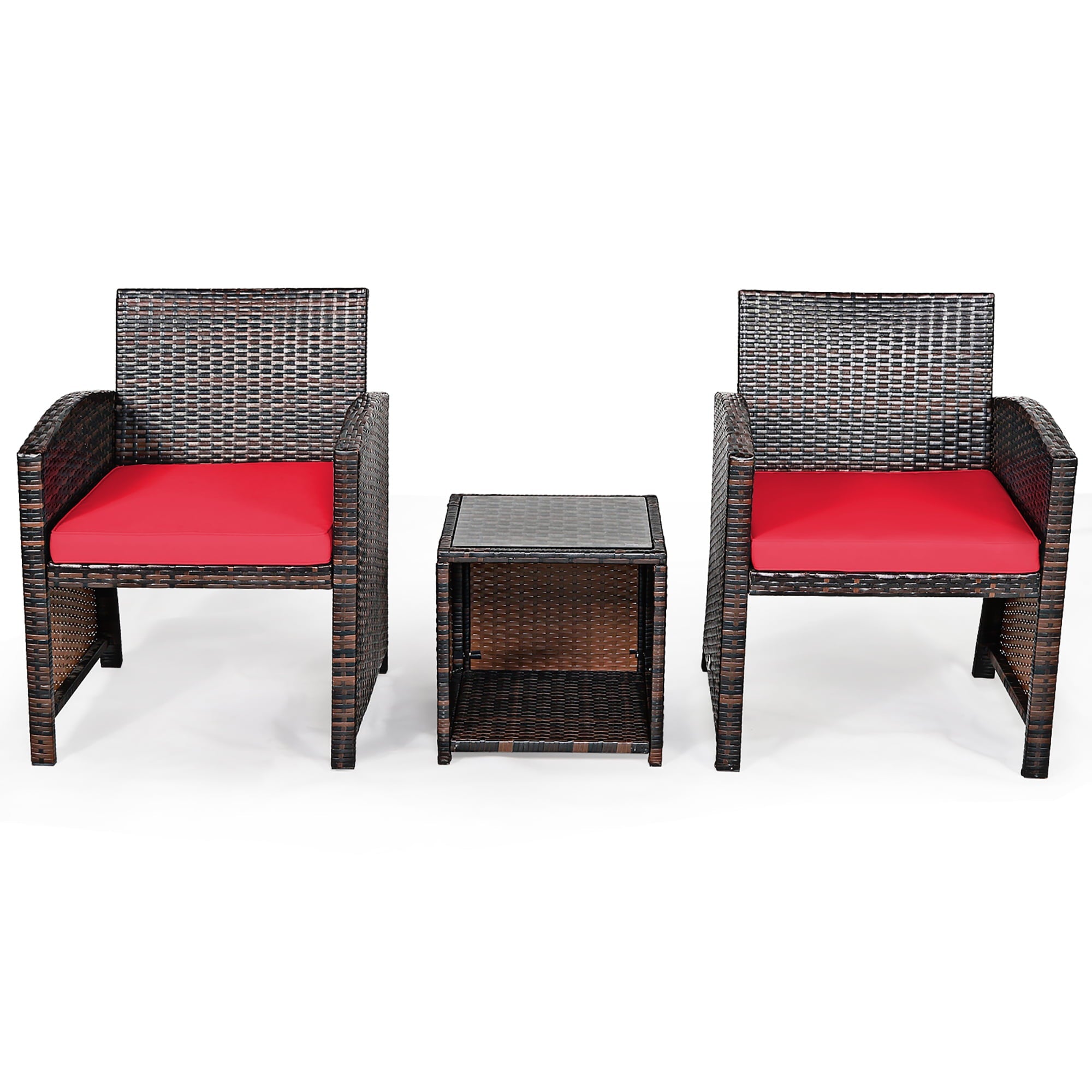 Costway 3PCS Patio Rattan Wicker Furniture Cushion Sofa Coffee Table Red