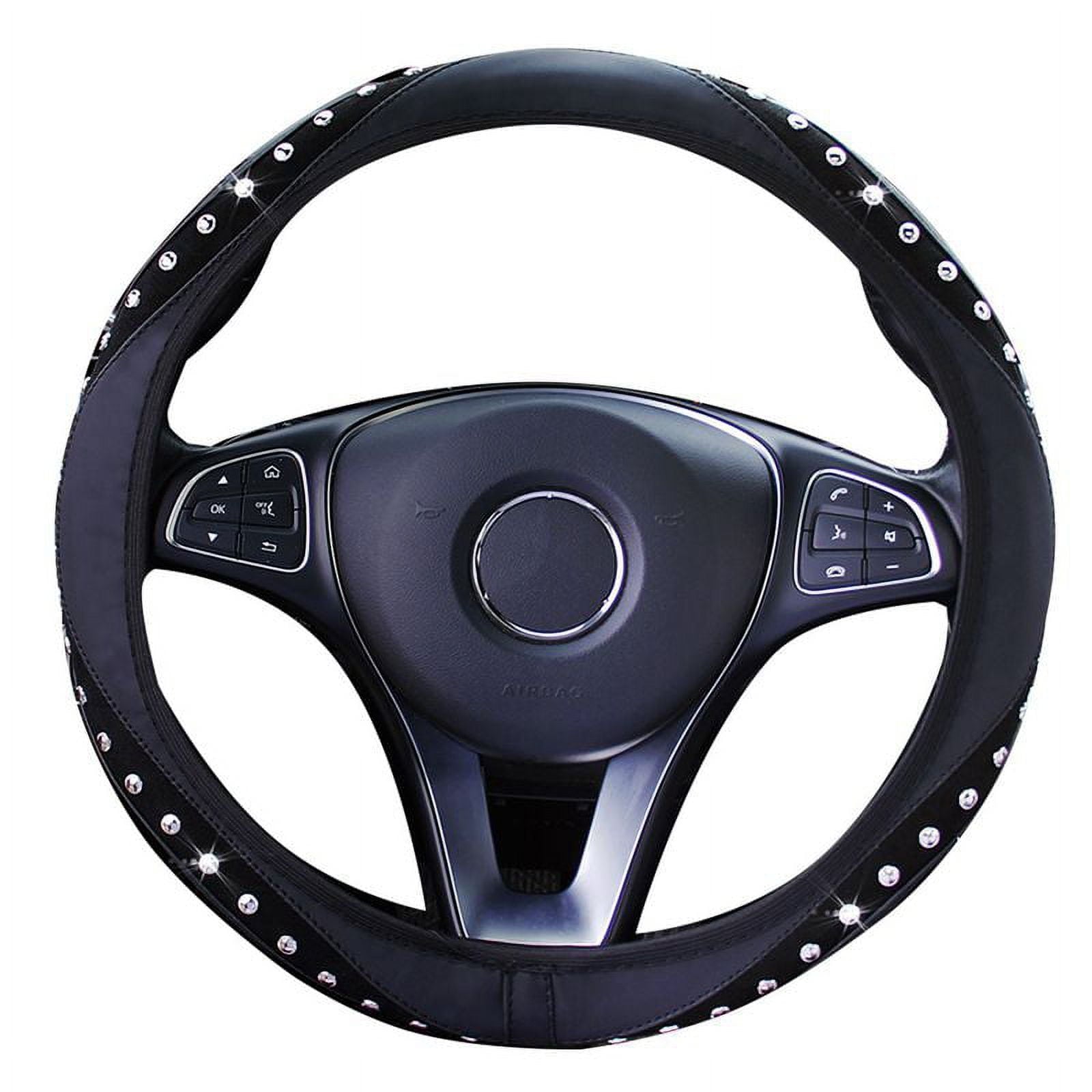 PWFE Universal 15 Inch Diamond PU Leather Steering Wheel Cover with Bling Bling Crystal Rhinestones(Black1)