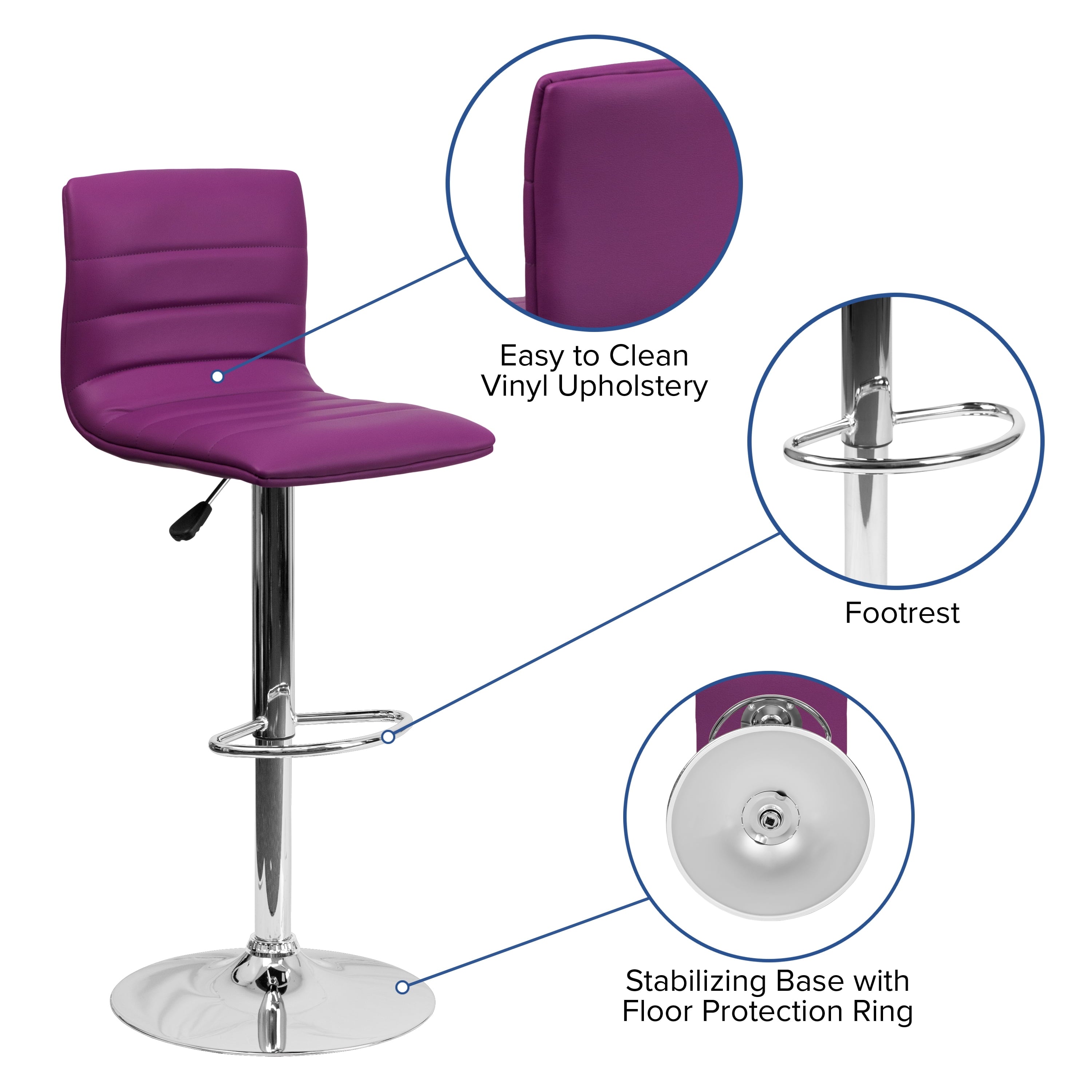 Flash Furniture Betsy Modern Purple Vinyl Adjustable Bar Stool with Back, Counter Height Swivel Stool with Chrome Pedestal Base