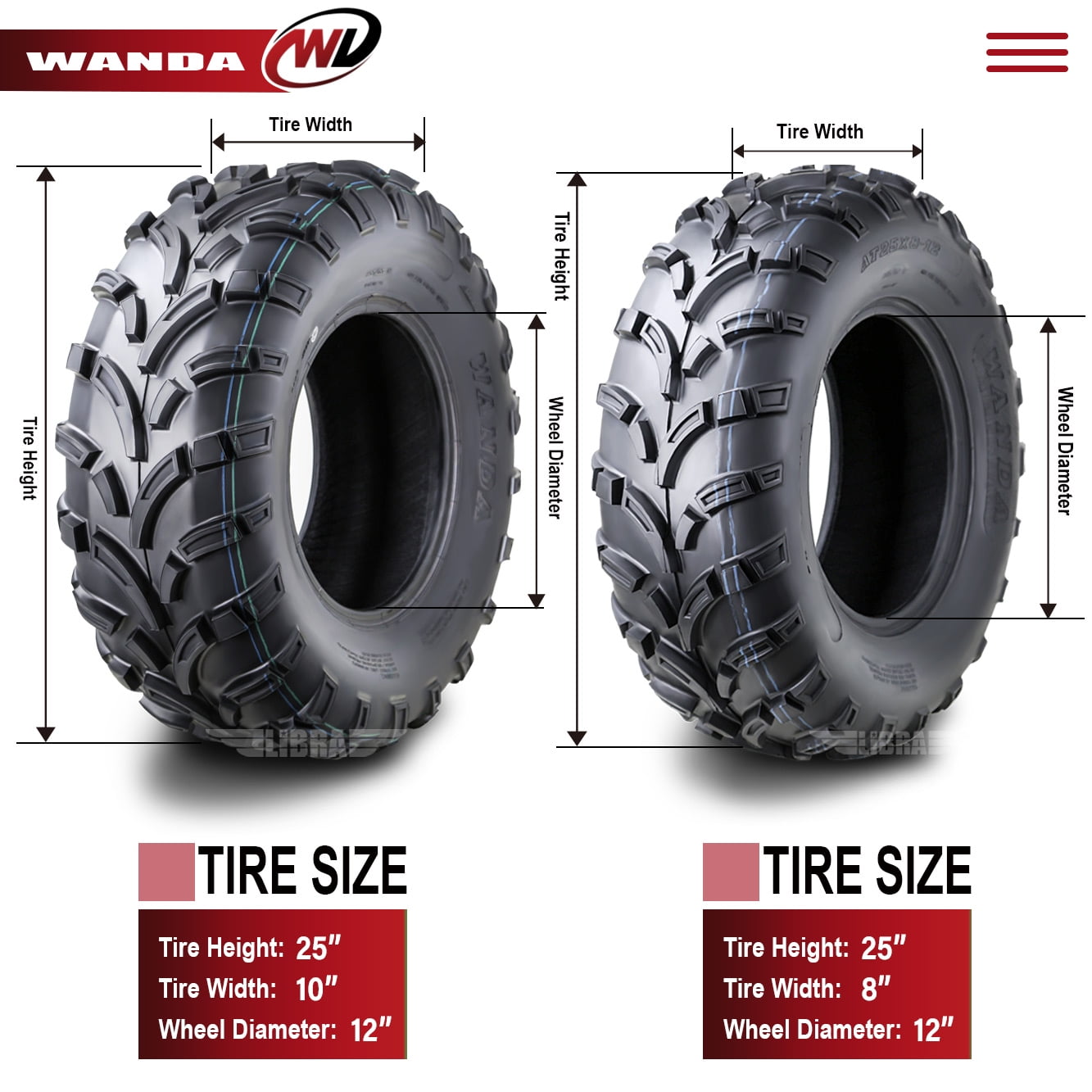 Wanda ATV/UTV Tires 25x8-12 Front & 25x10-12 Rear 6PR P373 - 10243/10244, Set 4