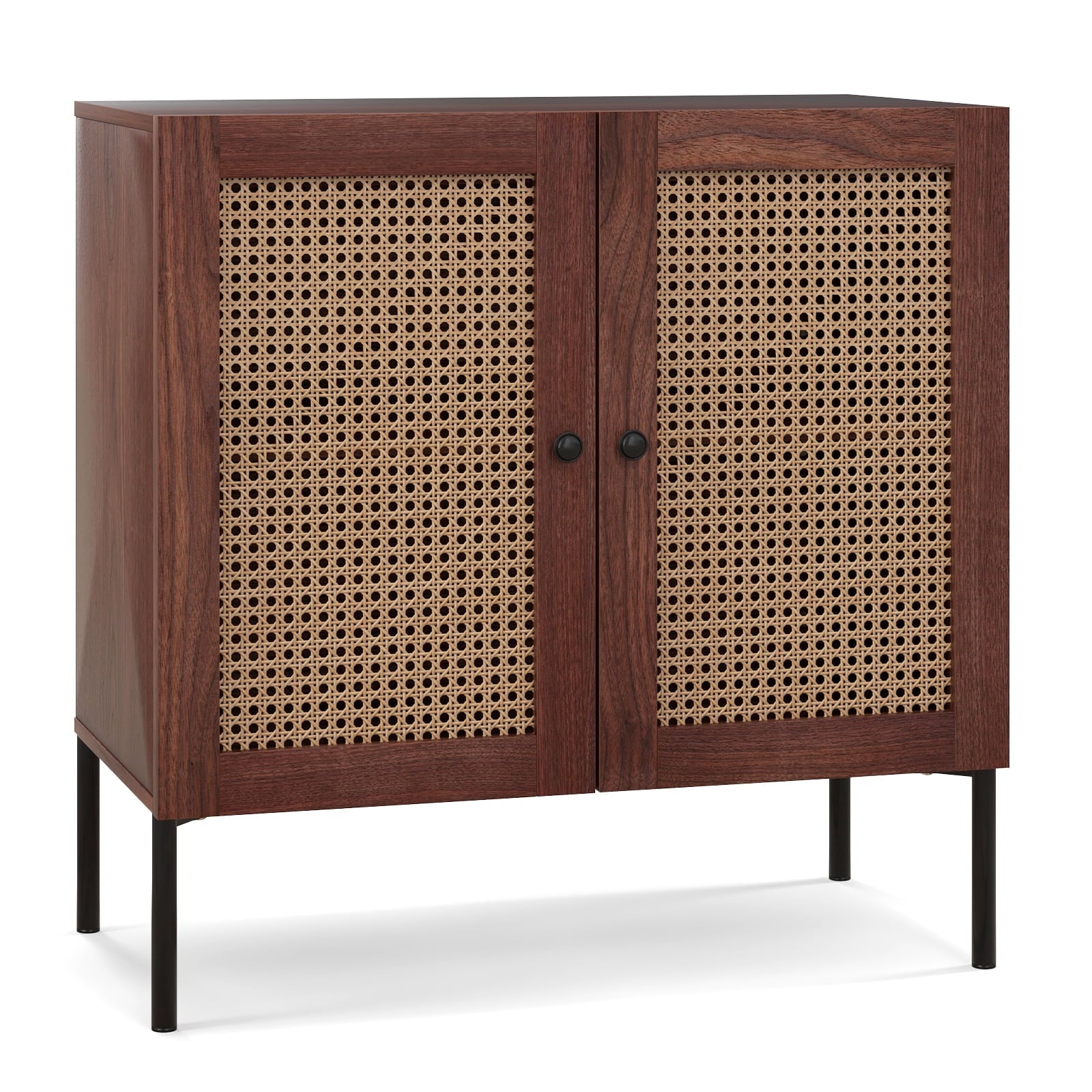 Costway Set of 2 Rattan Buffet Sideboard Wine Cabinet Cupboard w/Adjustable Shelf Walnut