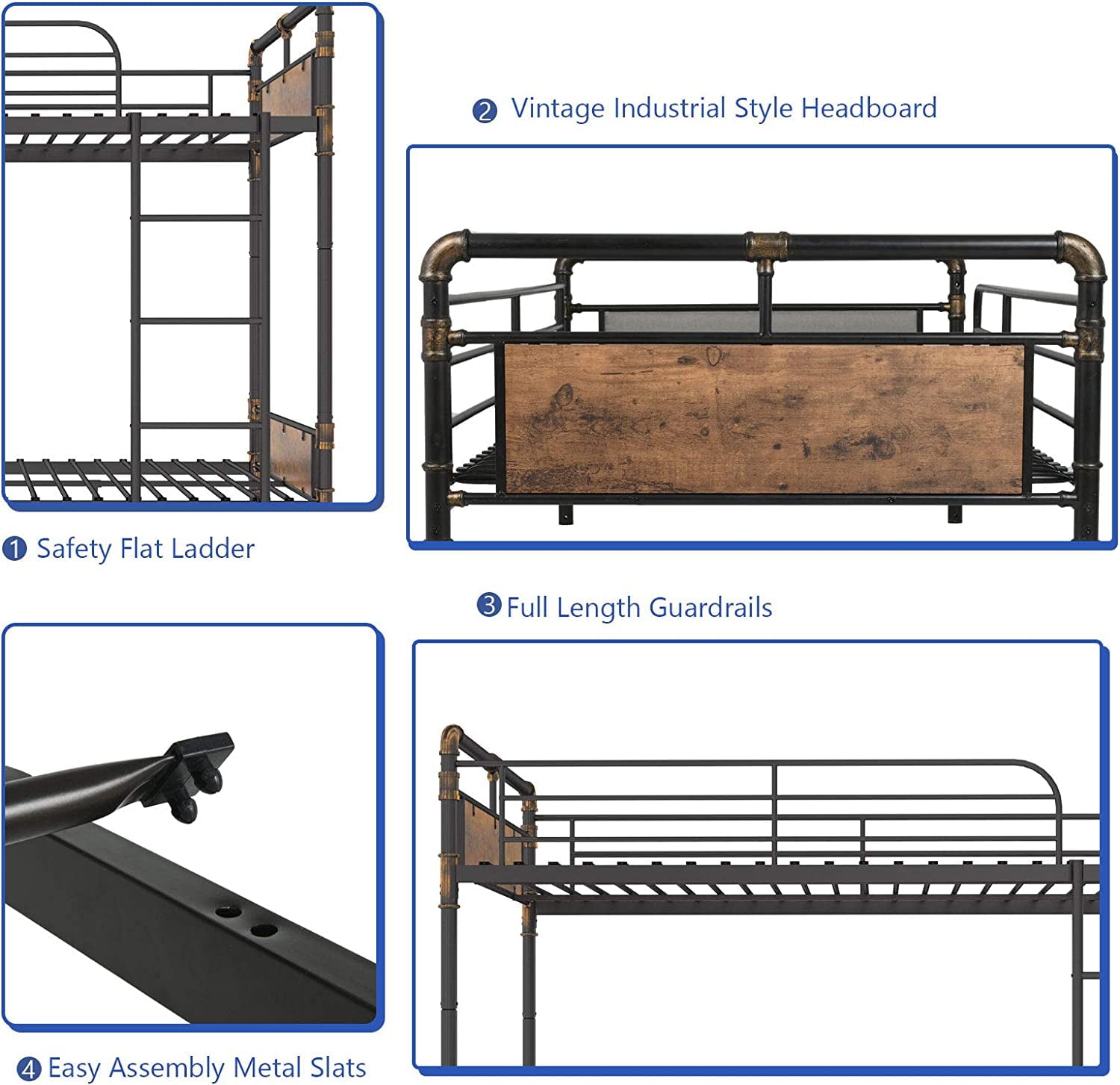 Alohappy Twin Over Twin Bunk Bed, Convertible Twin Bunk Beds Into 2 Individual Bed, Removable Ladder & Safety Guard Rail for Kids, Modern Industrial Style, Easy Assembly, No Box Spring Needed (Brown)