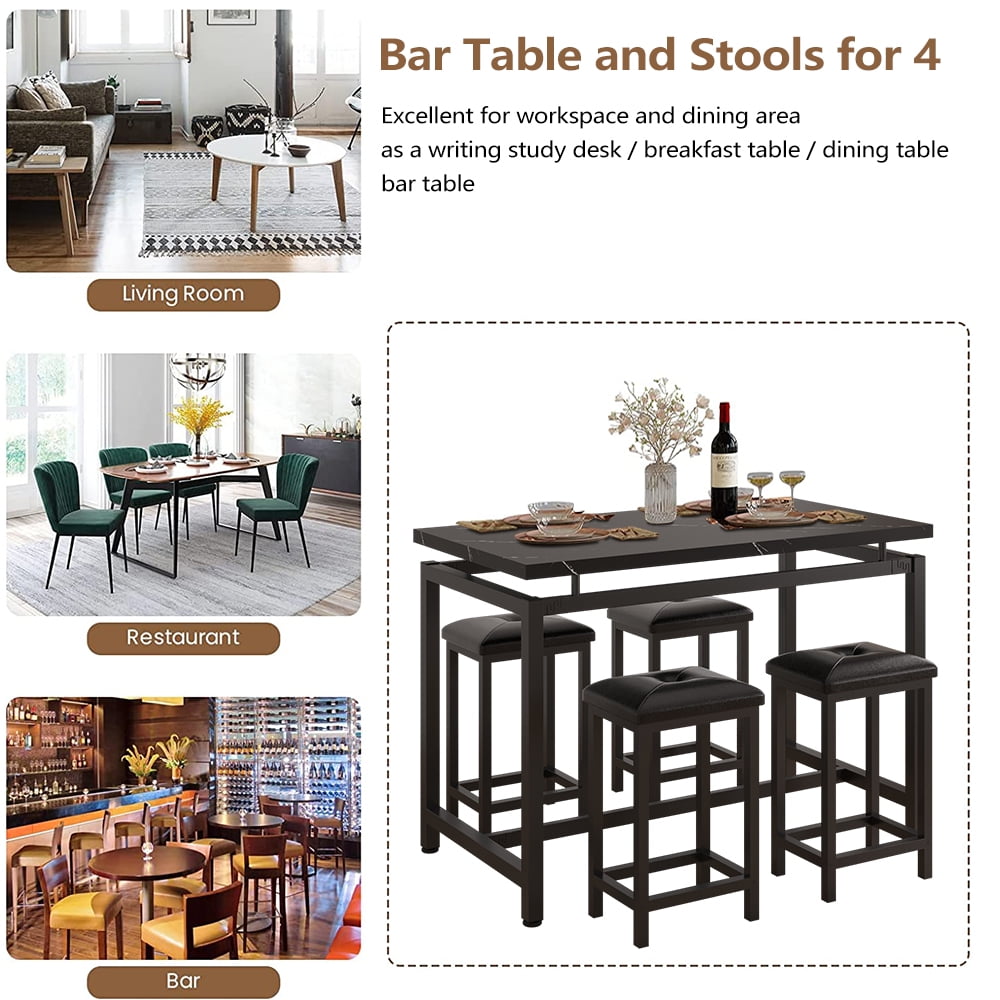 5 Piece Bar Table Set, Kitchen Counter Height Table with 4 Stools, Space Saving Pub Table Set for 4 Person with Metal Frame, Wood Dining Table & Chair Set for Breakfast Nook Pub Bistro, B945