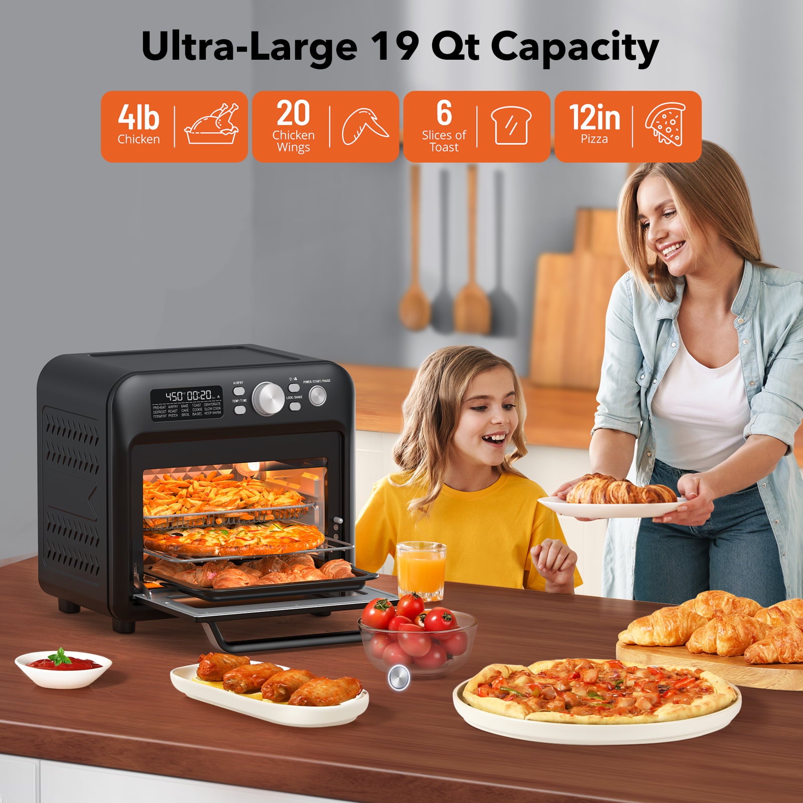 Air Fryer Oven, ParisRhone 15-in-1 19 QT Family-Sized Toaster Oven, Convection Oven with Child Lock, Fits 12-inch Pizza, 6-Slice Toast, Button & Knob-Controlled Kitchen Appliance, Dishwasher Safe