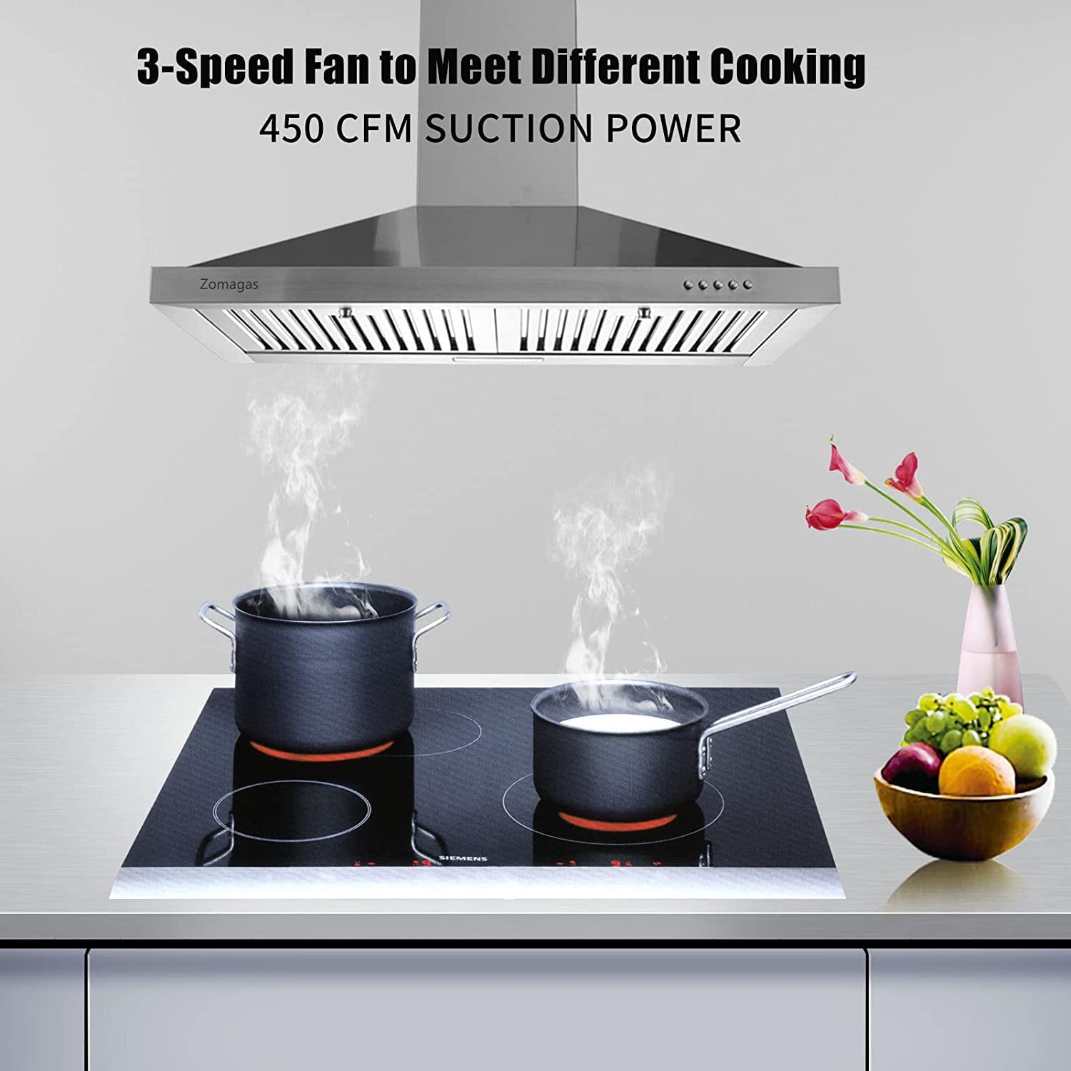 24 inch Range Hood Wall Mount Vent Hood in Stainless Steel 450CFM 3 Speed Exhaust Fan