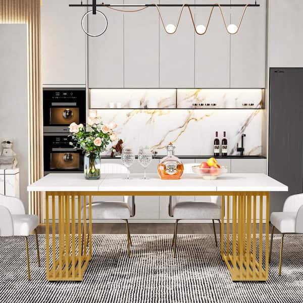 70.9 in. Modern White Gold Wooden 4-Legs Dining Table for 6-8 People