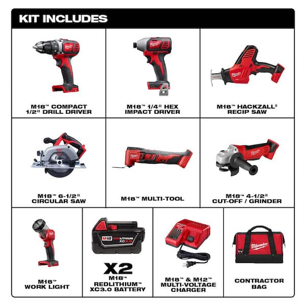 M18 18V Lithium-Ion Cordless Combo Tool Kit (7-Tool) with (4) 3.0 Ah Batteries, Charger and Tool Bag