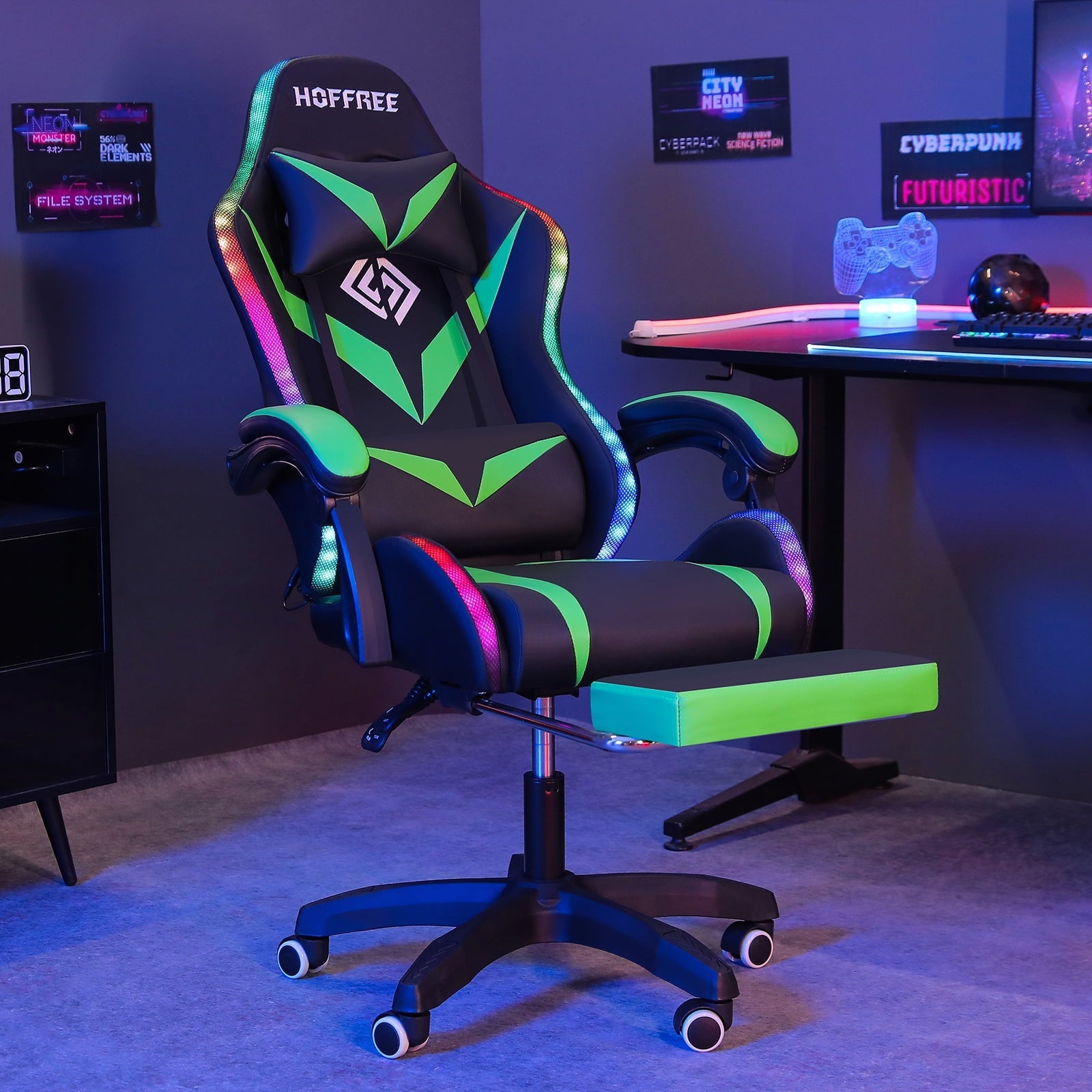 HOFFREE Gaming Chair with RGB LED Lights Ergonomic Computer Chair with Massage Lumbar Pillow Linkage Armrest Reclining Leather Video Game Chair Racing Style for Home Office
