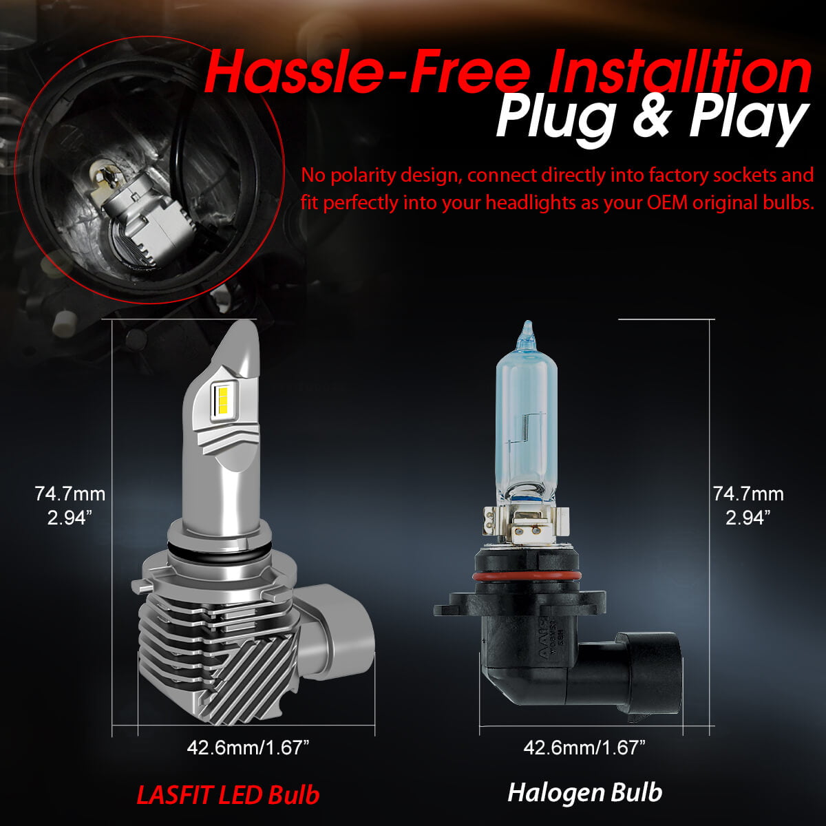 Lasfit 9005 LED Headlight Bulbs,HB3 High Beam Noiseless 40W 4000LM 6000K White, L1plus Series | 2 Bulbs