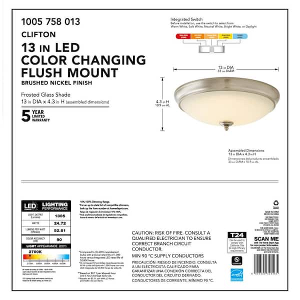 Clifton 13 in. Brushed Nickel Selectable LED Flush Mount