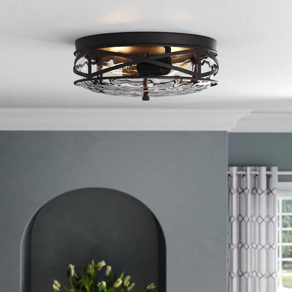 11.4 in. 2-Light Farmhouse Flush Mount Ceiling Light Fixture with Water Ripple Glass Shade