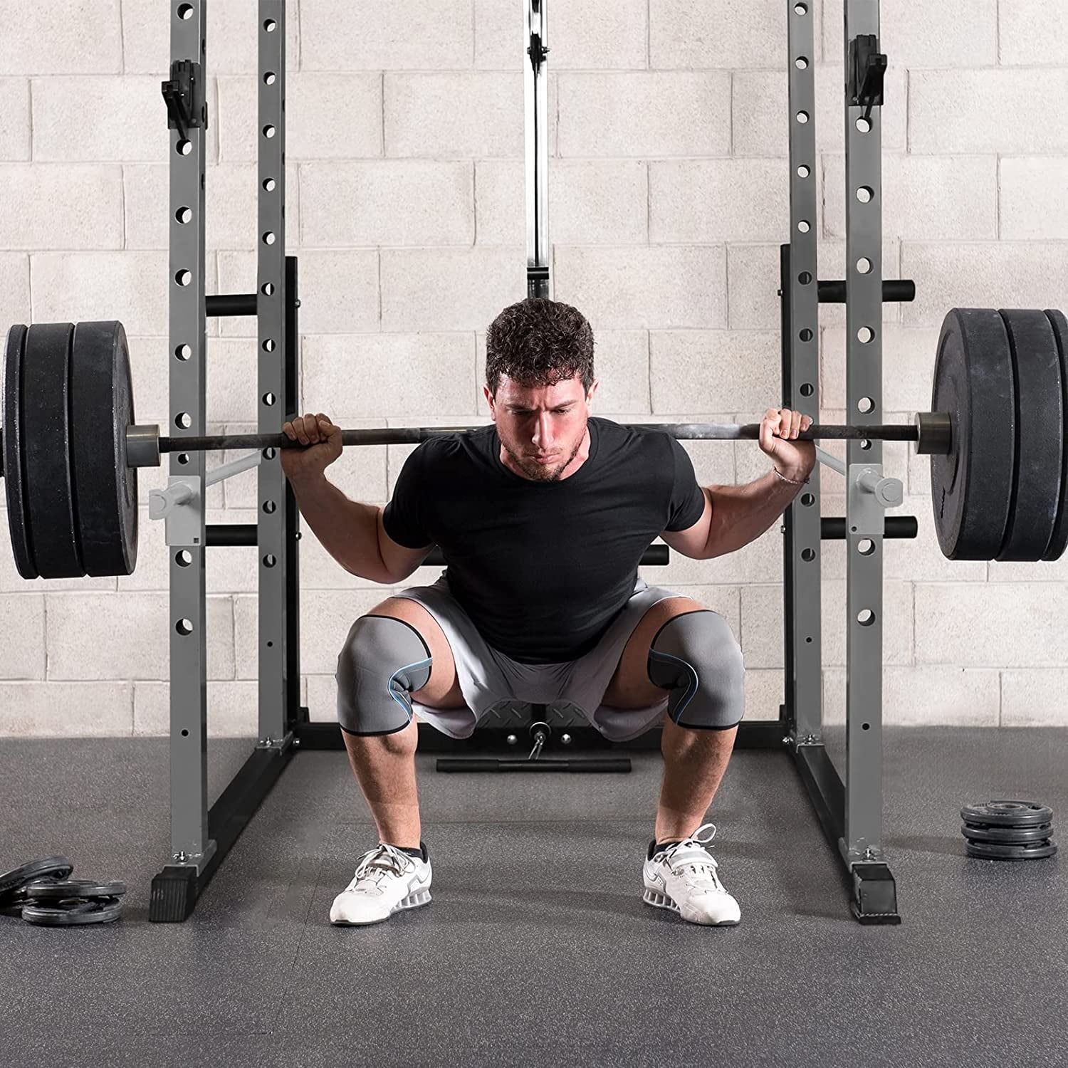 RitFit 1000LB Capacity Power Cage Rack with Pulley, Lat Pull Down System with J-Cups, Dip Bars and Other Attachments