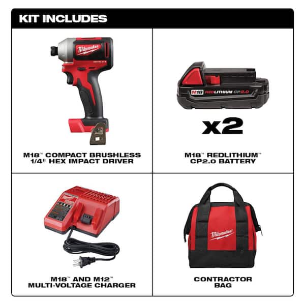 M18 18V Lithium-Ion Brushless Cordless 1/4 in. Impact Driver Kit with Two 2.0 Ah Batteries, Charger and Soft Case
