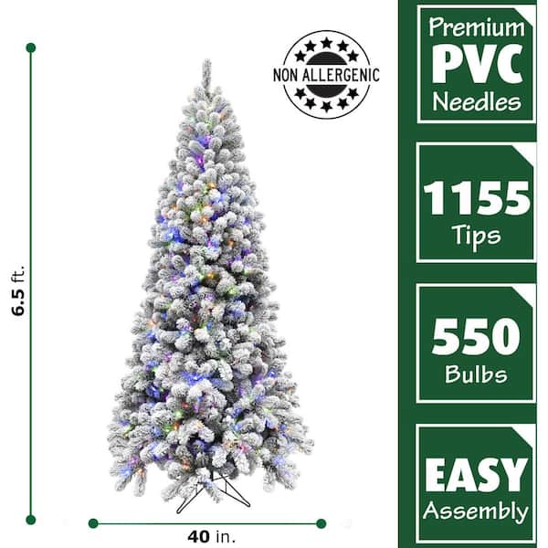 6.5-ft. Pre-Lit Snow Flocked Alaskan Pine Artificial Christmas Tree, Multi-Color LED Lights