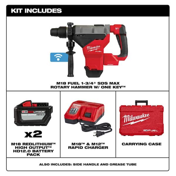 M18 FUEL ONE-KEY 18V Lithium-Ion Brushless Cordless 1-3/4 in. SDS-MAX Rotary Hammer with Two 12.0 Ah Battery
