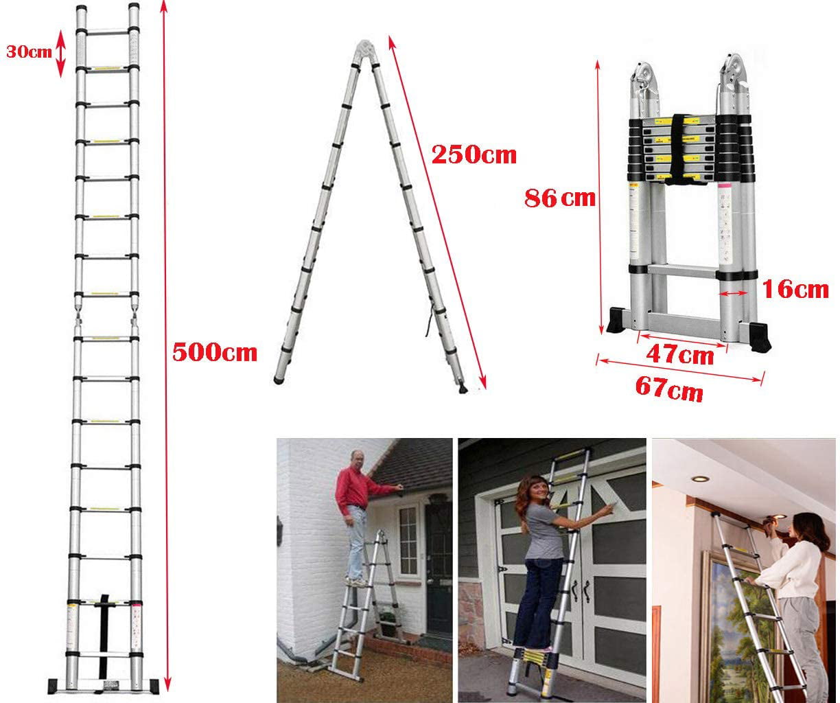 Bowoshen Telescopic Loft Ladder 16.5Ft Extendable Collapsible Step Ladders Securing Bolt 330lb Loading EN131 Certified