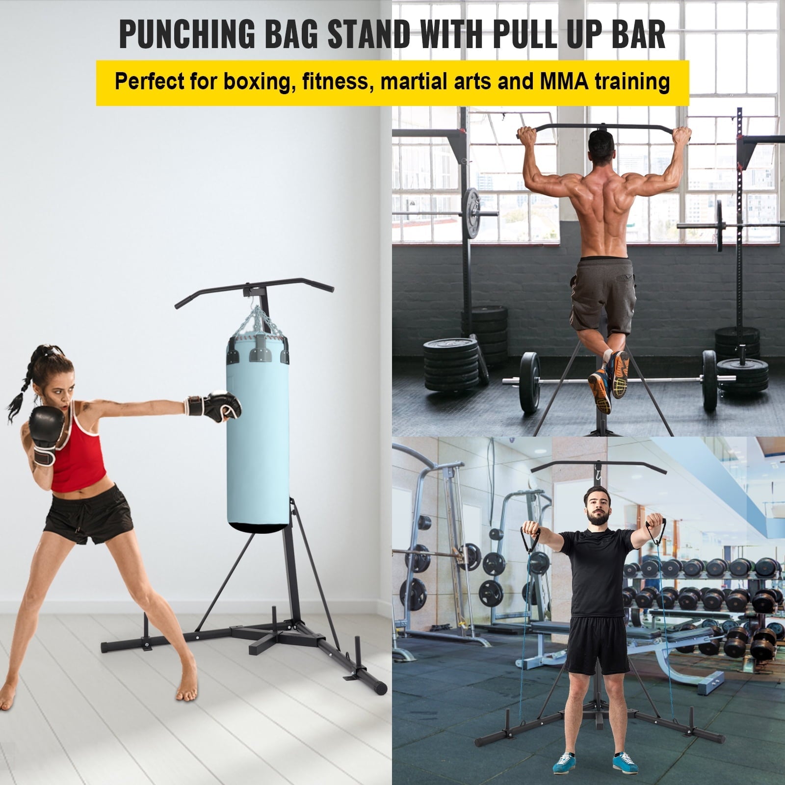 VEVORbrand Foldable Punching Bag Stand Height Adjustable Sandbag Rack Portable 132lbs, Punch Bag Stand for Home Fitness (Black with bar)