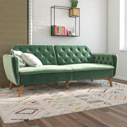 Novogratz Tallulah Memory Foam Futon and Sofa Bed, Light Green Velvet