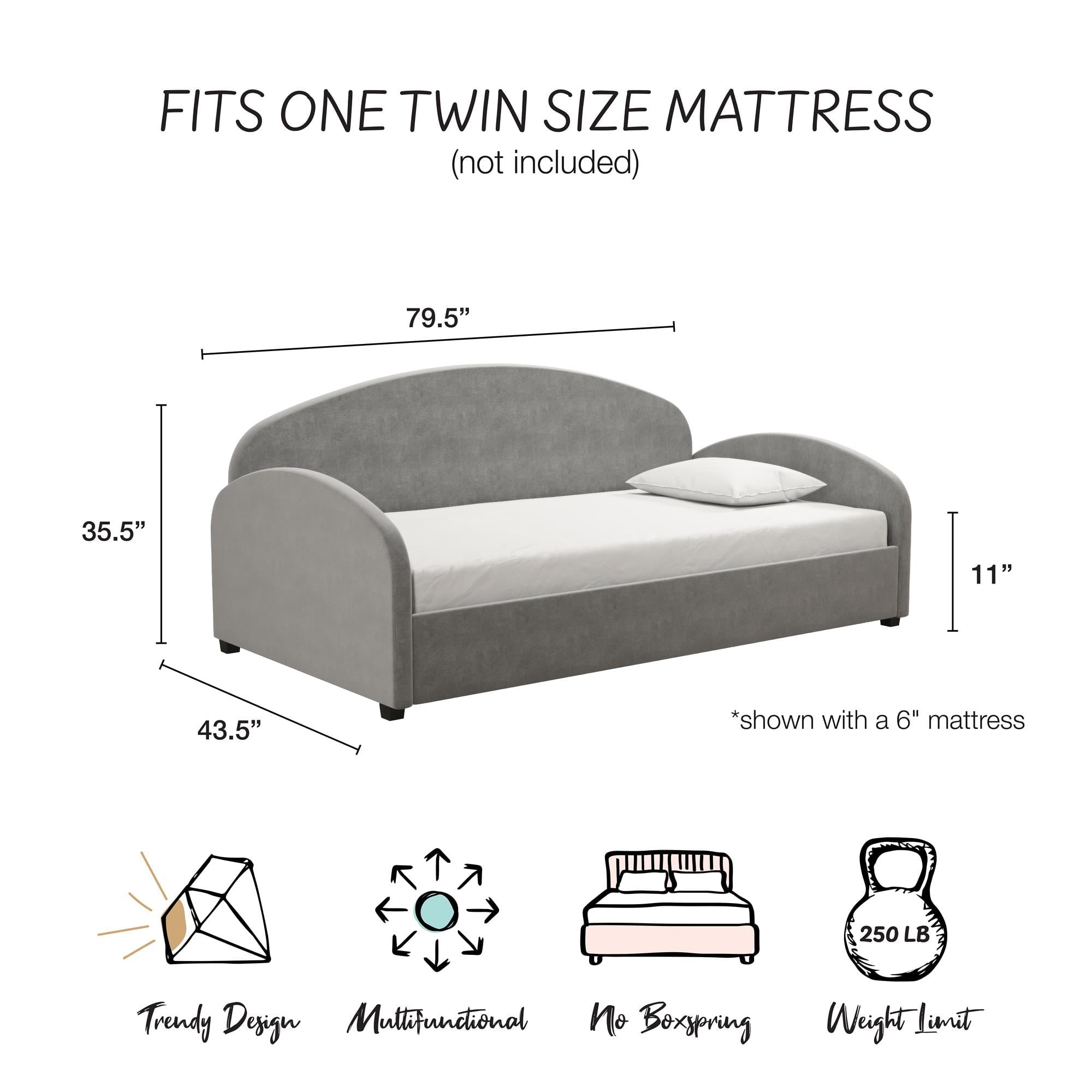 Mr. Kate Moon Upholstered Daybed Frame, Twin, Light Gray Velvet