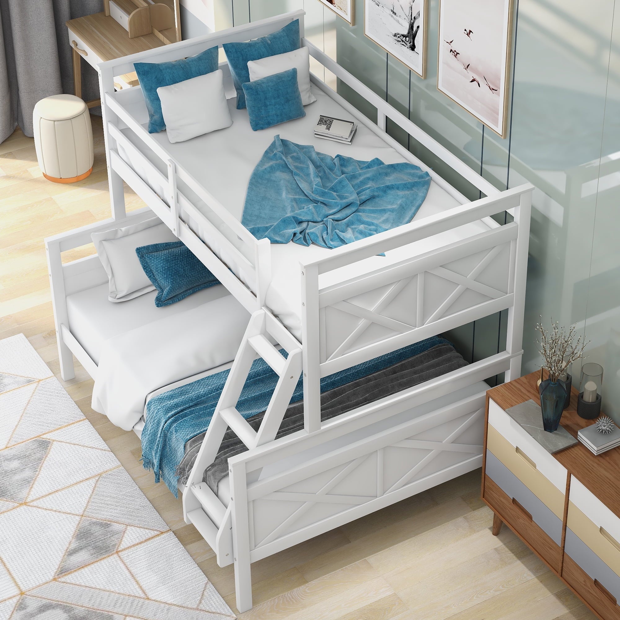 Euroco Twin over Full Wood Bunk Bed with Ladder for Kid's Room