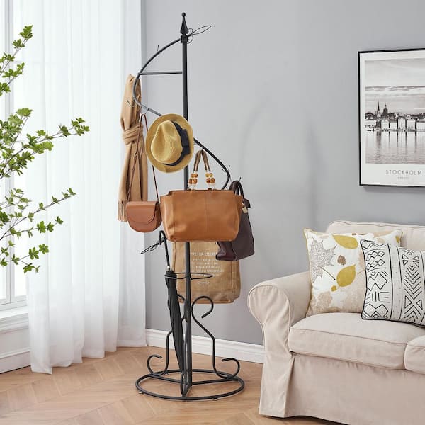 Spiral Coat Rack, Hall Trees with Hooks and Umbrella Holder, Premium Stylish Purse Holder, 22.6 x 76.3 in.,Black