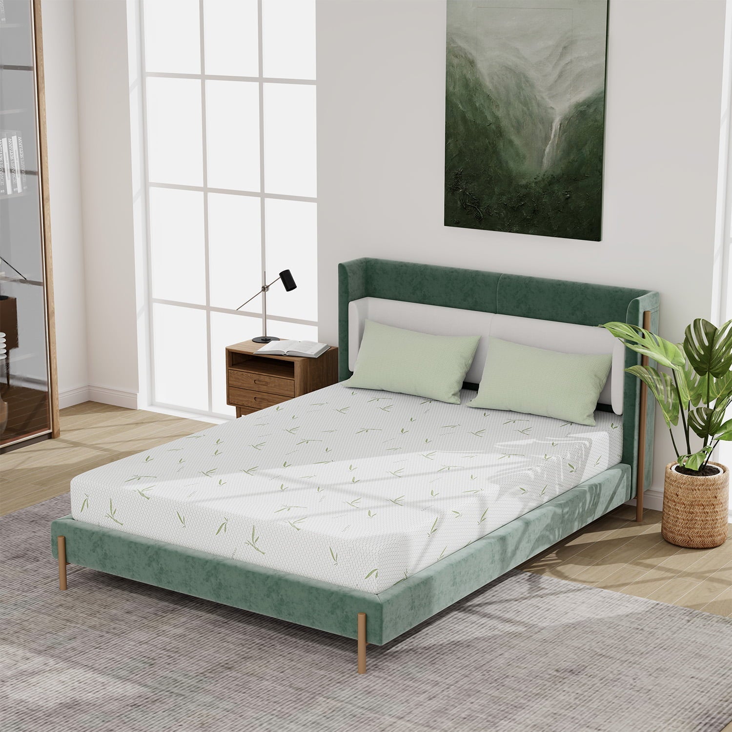 Twin Size Memory Foam Mattress with Bamboo Pattern Cover Breathable Bed Mattress in a Box, CertiPUR-US, Made in USA