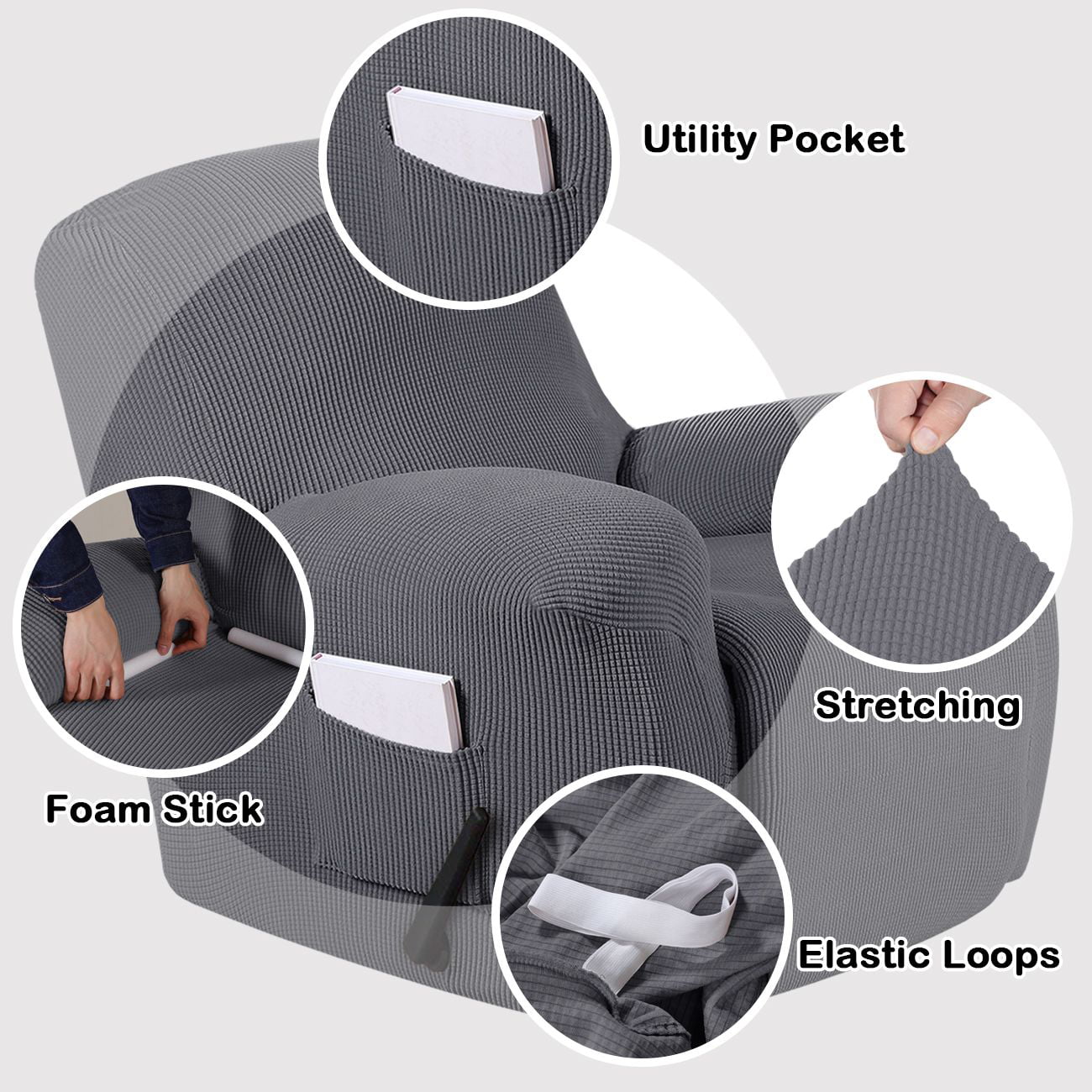 Turquoize Stretch Recliner Cover Jacquard Sofa Slipcover with Side Pockets, Gray