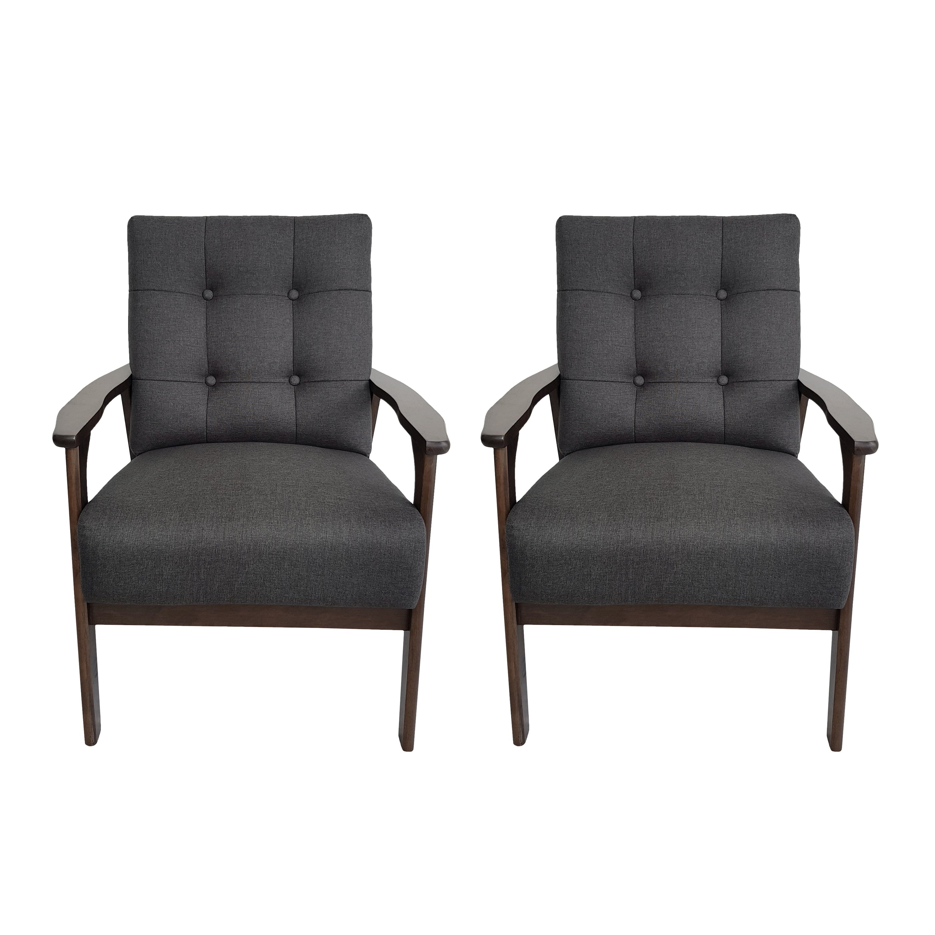 Noble House Oakley Indoor Mid Century Wood Arm Chairs, Set of 2, Charcoal Gray, Walnut
