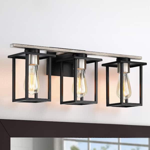 24.4 in. 3-Light Matt Black/Wood Tone Rustic Farmhouse Bathroom Vanity Light with Open Cage Shades