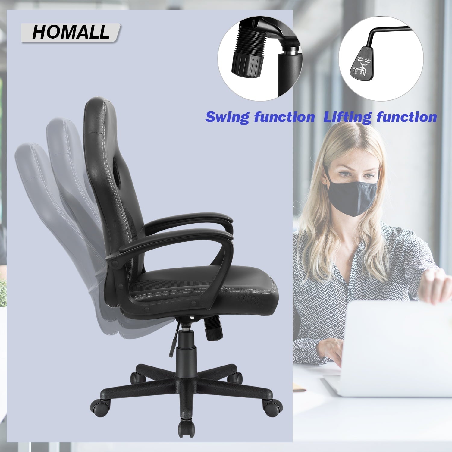 Homall Gaming Chair Leather Office Chair High Back Ergonomic Adjustable Swivel Executive Computer Chair Rolling Task,Black