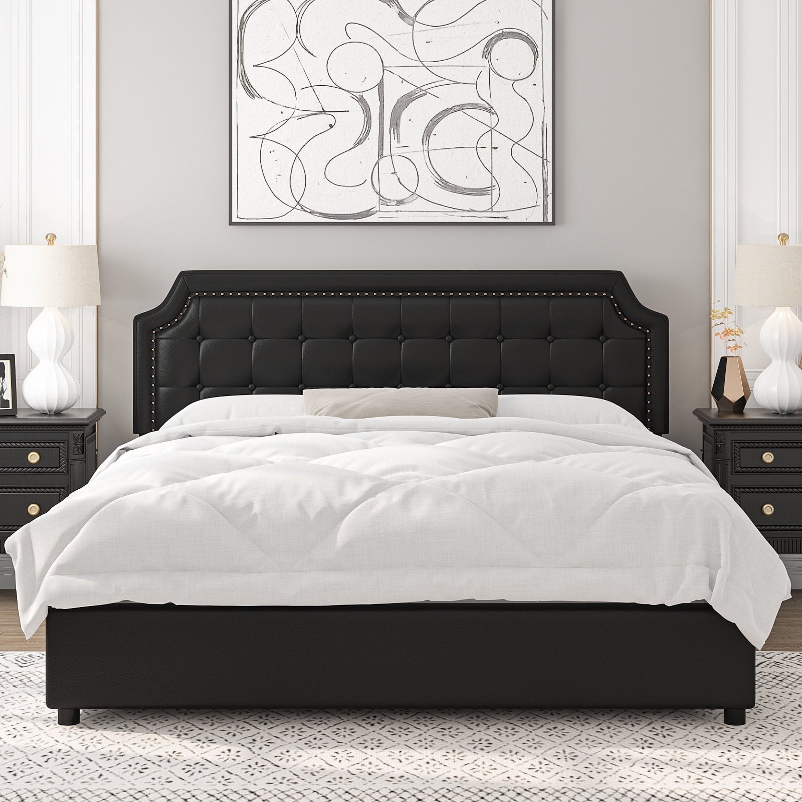 Homfa Queen Size Storage Bed, 4 Drawers PU Leather Platform Bed Frame with Adjustable Upholstered Headboard, Black