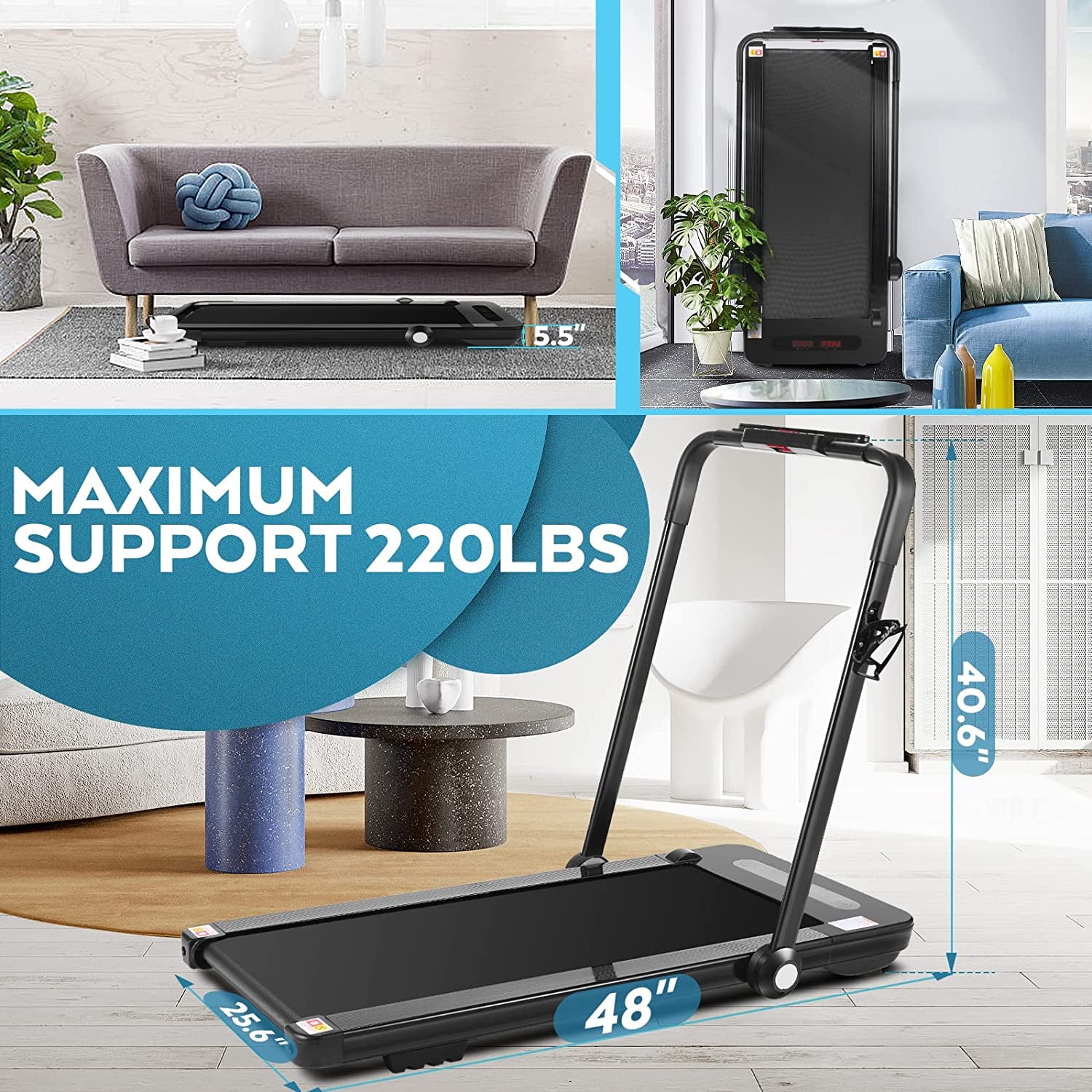 Adnoom Folding Treadmill 2.25HP Under-Desk Treadmill for Home Office Gym Compact Walking Jogging Running Machine with Remote Control,Bluetooth Speaker LED Display, Water Bottle Cage