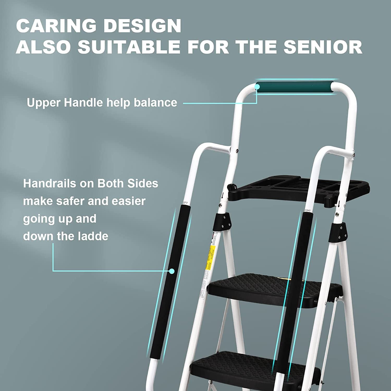 HBTower Folding 5-Step Ladder, 330lbs, with Handrails and Tool Tray and Anti-Slip Pedal, White