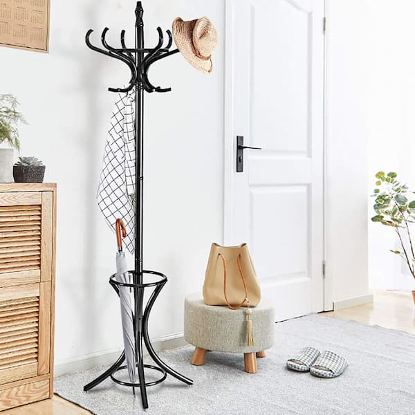 Black Wooden Standing Coat Rack Tree with 12 Hooks and Umbrella Stand