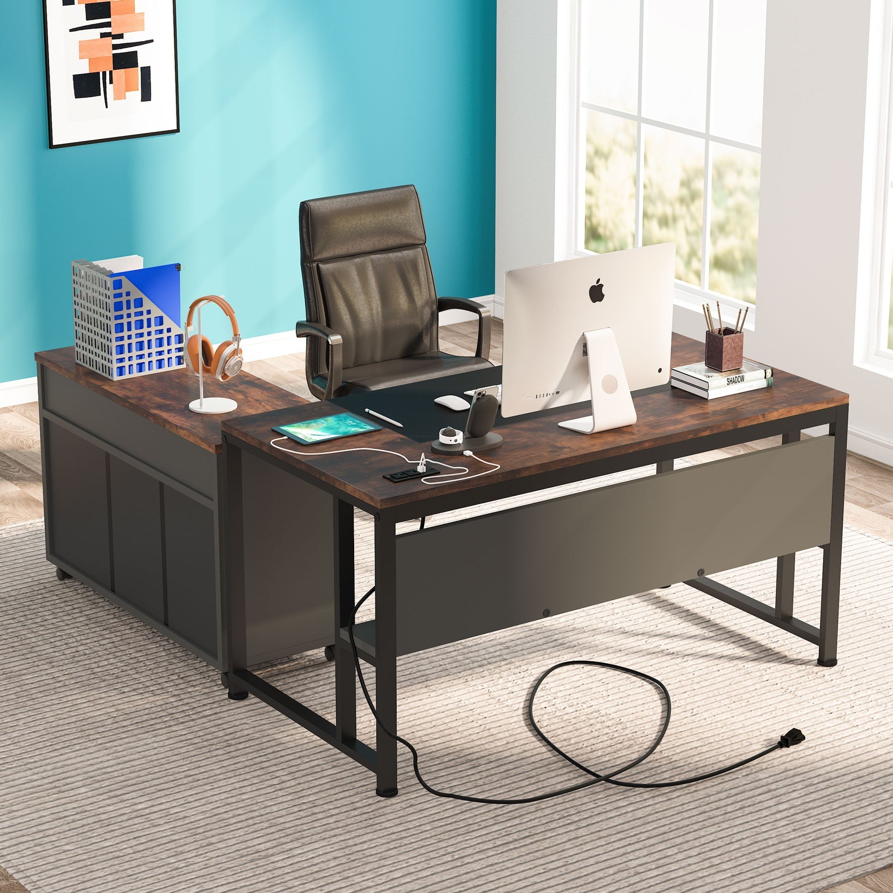 L-Shaped Computer Desk, 55 inches Executive Office Desk with File Cabinet and Power Outlet, Table Writing Desk with Drawers and Shelves, Business Furniture Set for Home Offices