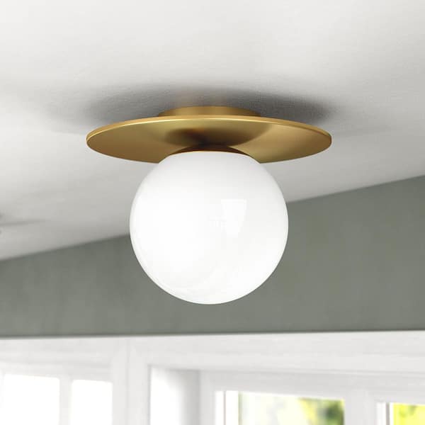 Amma 12 in. 1-Light Brushed Brass and White Flush Mount with Glass Shade