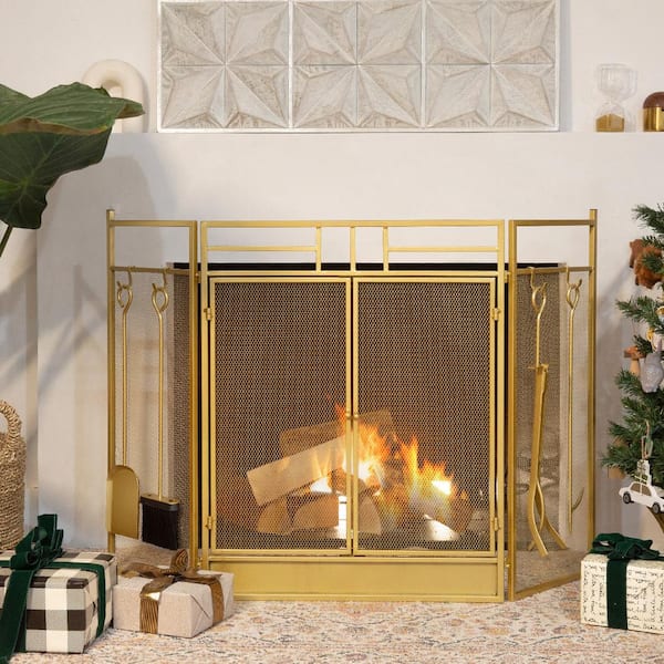 48 in. Fireplace Screen Gold 4-Panel Fire Spark Guard Hinged Doors with Fireplace Tools