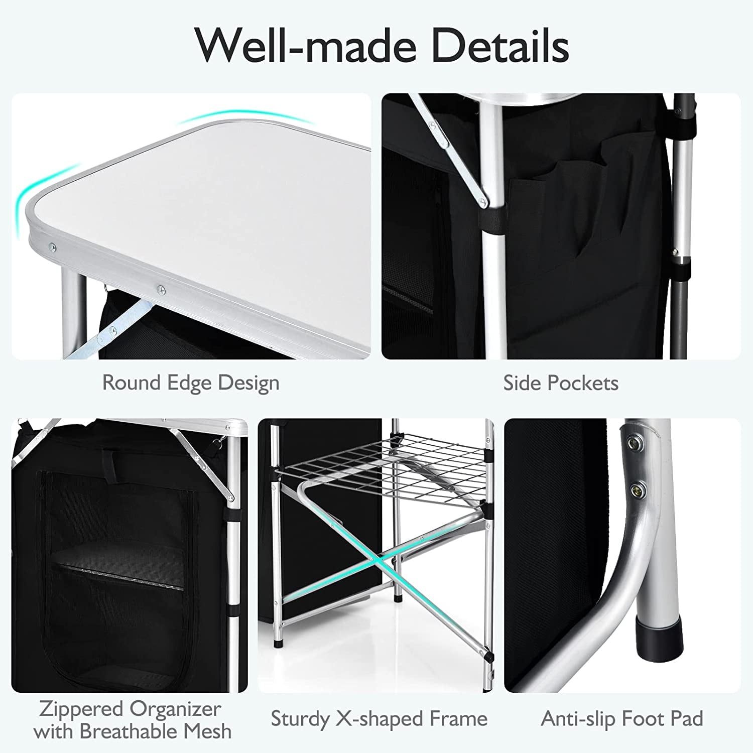 Camping Kitchen Table with Storage, Aluminum Portable Outdoor Cooking Table with Windscreen, Foldable Camp Table Cook Station for BBQ, Grill, Party, Picnics