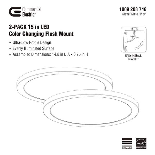 15 in. New Ultra-Low Profile Edgelit 5CCT Selectable LED Flush Mount Matte White (2-Pack)