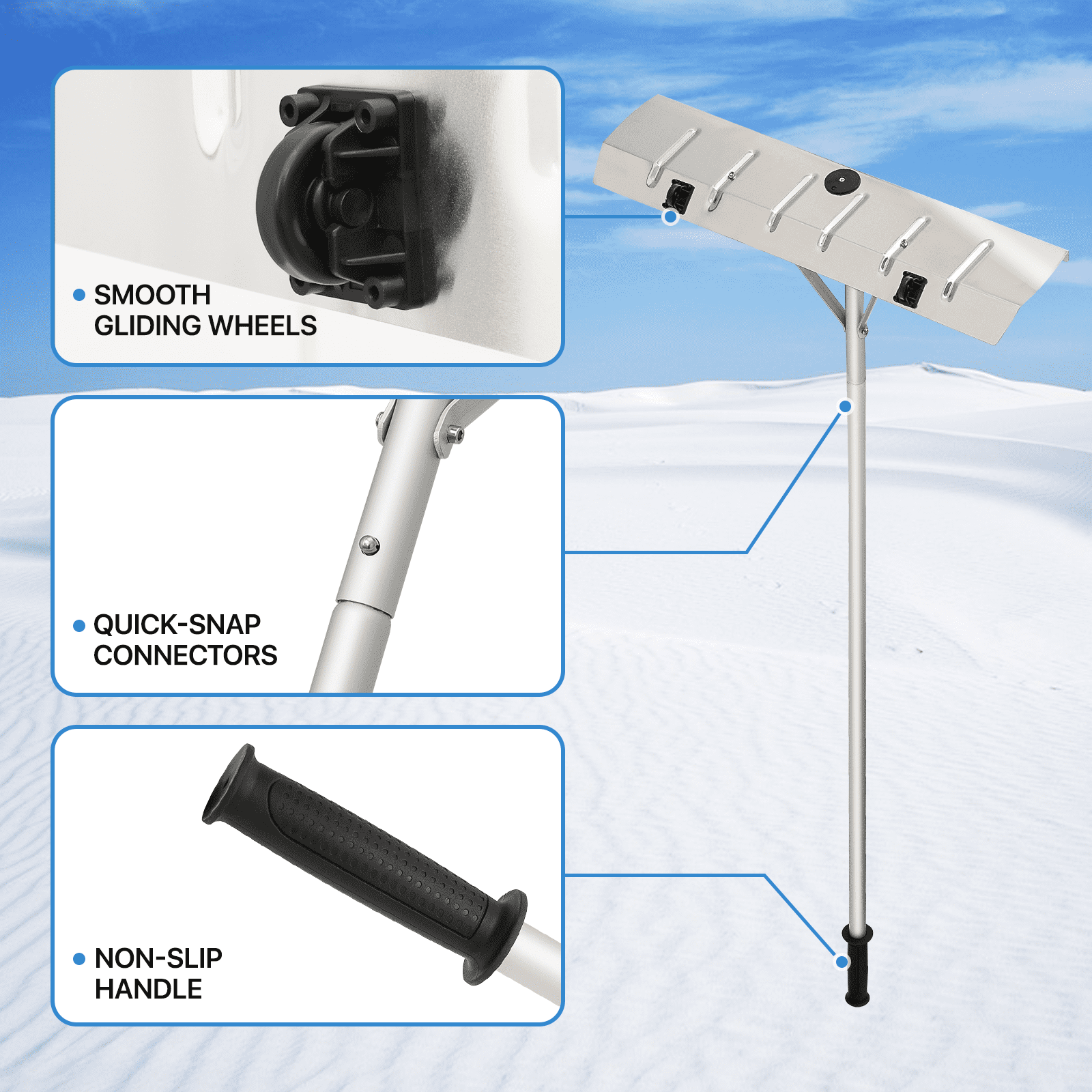 MoNiBloom 20FT Aluminum Snow Roof Rake, Extendable Snow Shovel Adjustable Sectional Snow Removal Tool with Wheels and Anti-Slip Handle for Roof Car, Silver