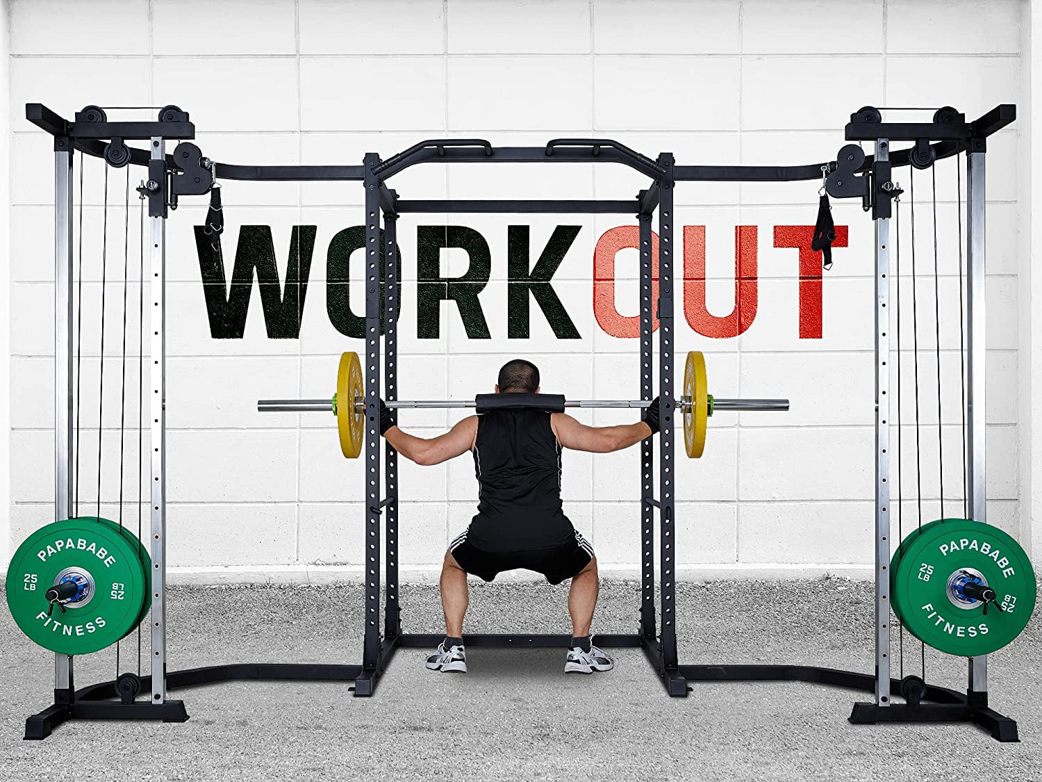 papababe Power Cage, Squat Rack with Cable Crossover Machine Power Rack with LAT Pull Down Attachments