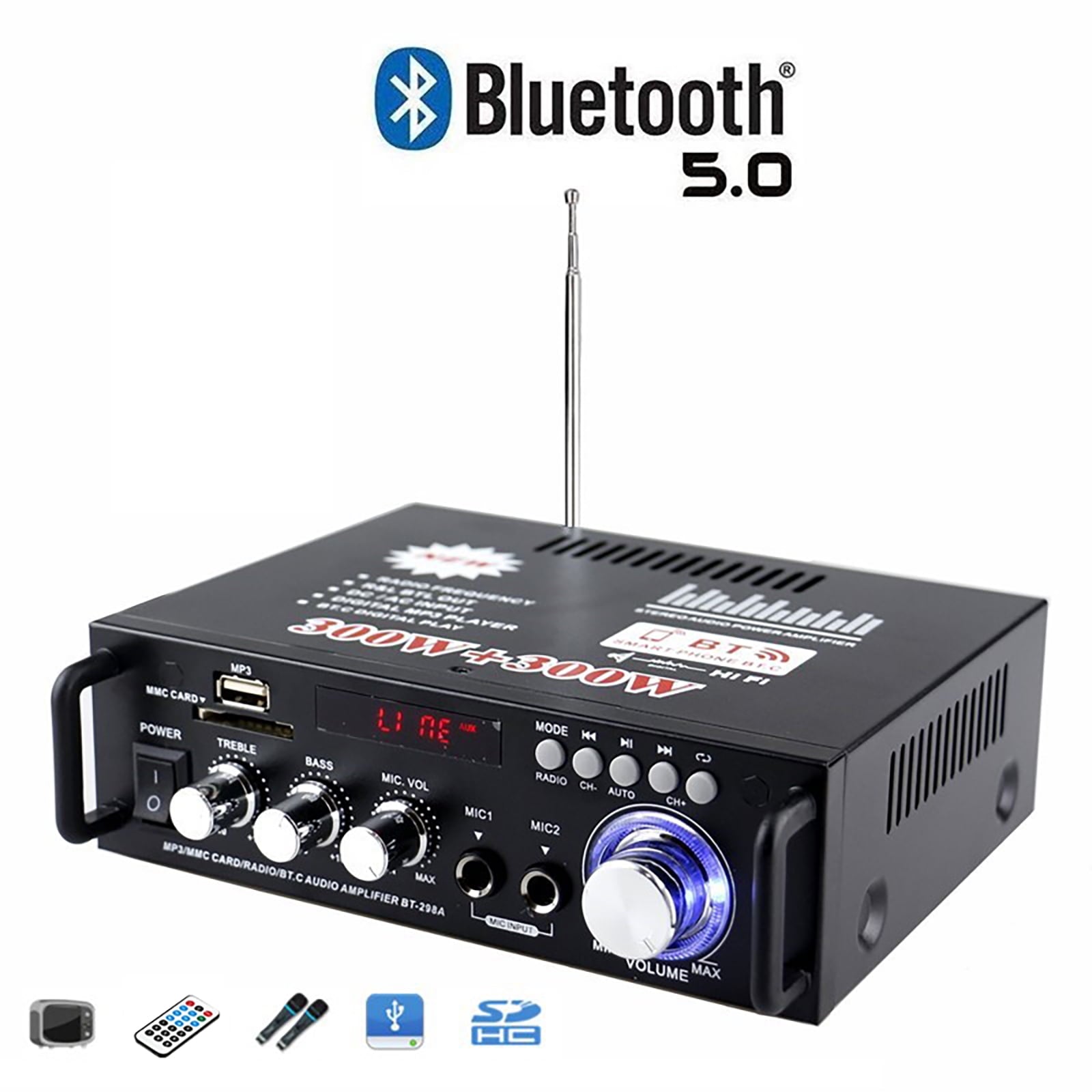 SOONHUA 600W Wireless Bluetooth 5.0 Stereo Audio Amplifier, with Bluetooth LCD Digital Display Stereo Receiver for Home Theater Speakers, Bass & Treble Control, USB/SD/RCA/MIC/FM in, Remote