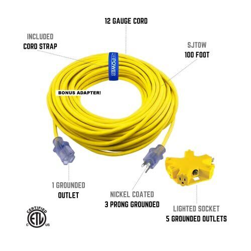 100 ft 12/3 SJTOW Extra Heavy Duty Contractor Grade Extension Cord with 5 Out...
