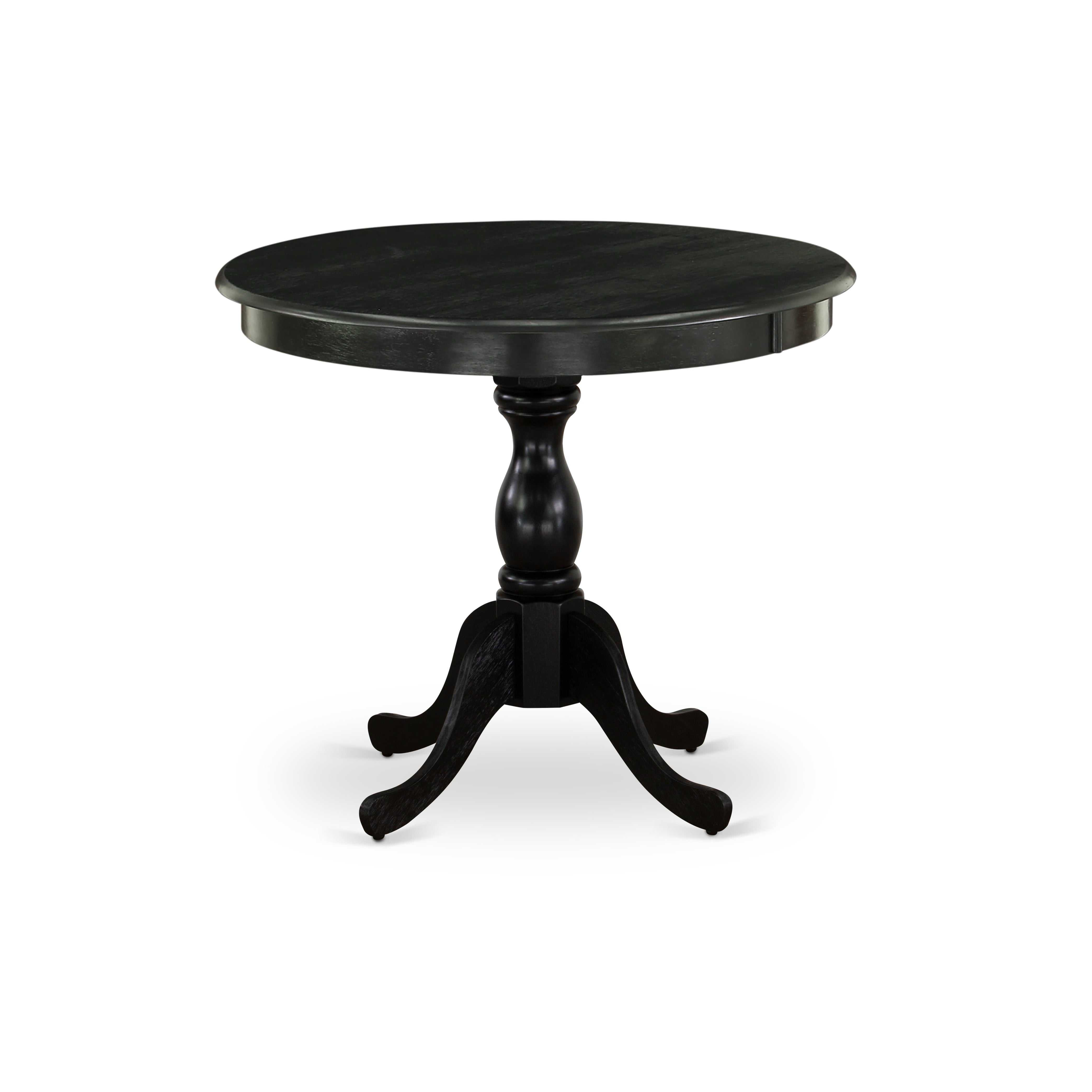 East West Furniture Round Small Dining Table Wire Brushed Black Color Table Top Surface and Asian Wood Small Table Pedestal Legs - Black Finish
