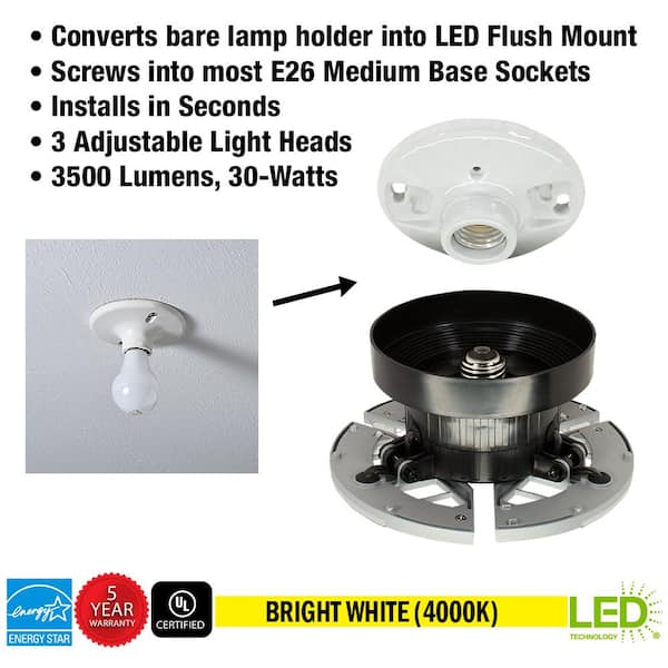 7 in. Spin Light 3 Adjustable Heads 3500 Lumens LED Flush Mount Garage Light and Basement - Screws into Lampholder