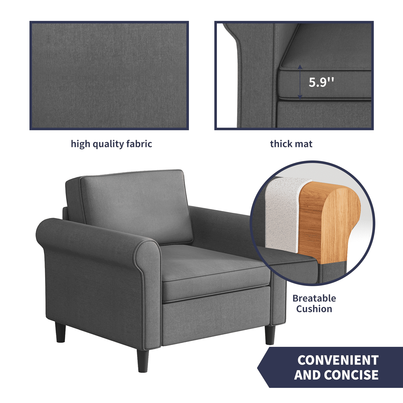 ZAFLY Modern Sleeper Sofa | Sectional Single Couch, DIY Combination for Living Room | Natural Fabric, Cotton and Linen | Wooden Frame, Durable and Sturdy- Dark Gray